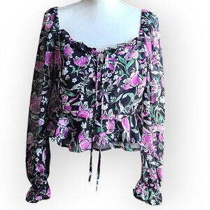 NEW! Japna Black Purple Green White Floral Peplum Crop Top. US Juniors Size L.